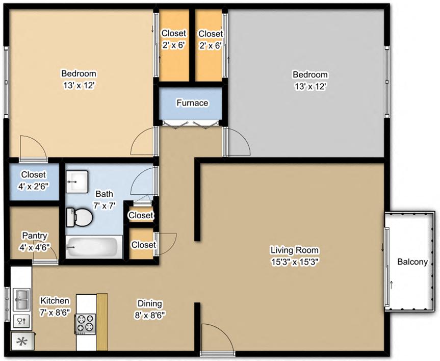 Floor plan for 2 beds, 1 bath, 903 sqft
